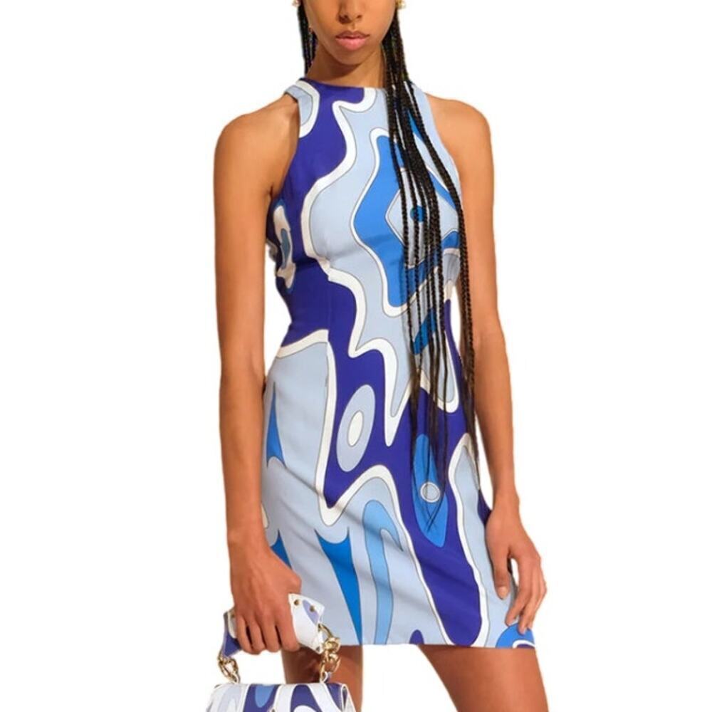 Sara Battaglia Abstract Tank Dress Retro Sleeveless Mini Sheath Blue Lagoon 4